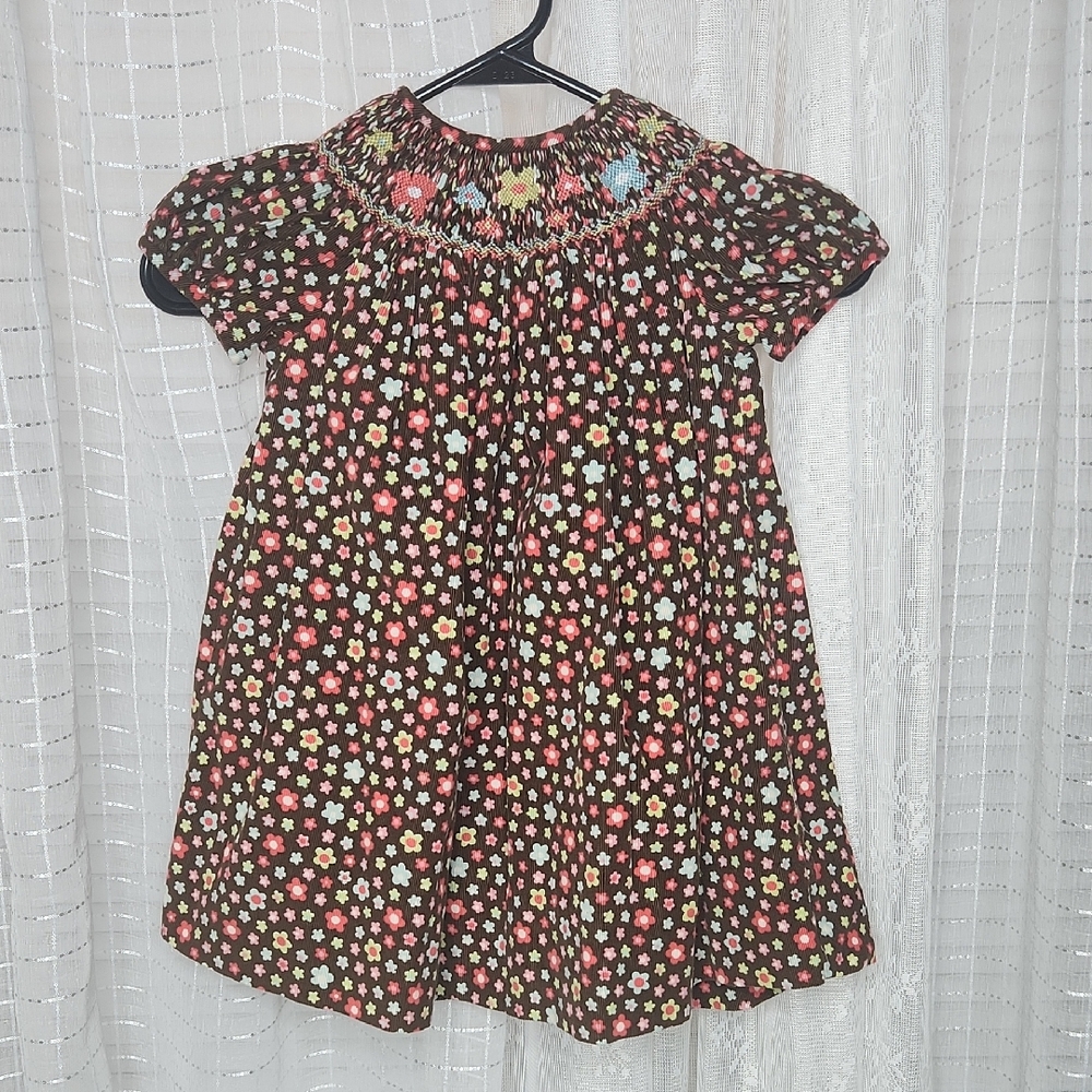 Amanda Remembered Smocked Brown Corduroy Fall Floral Kids Dress Sz24Mo